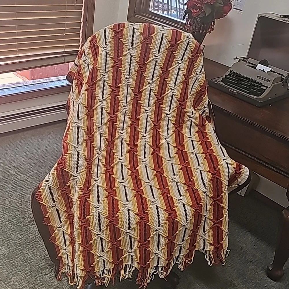Vintage 70s South Western granny handcrochet throw blanket large 46x70 afghan